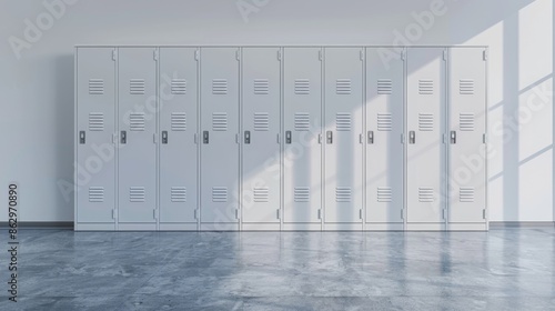 Row of Modern Metal Lockers in Sunlit Hallway  Generative AI