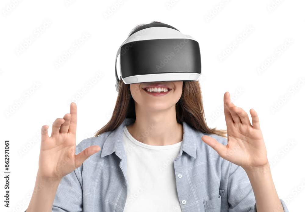 Smiling woman using virtual reality headset on white background Smiling woman using virtual reality headset on white background
