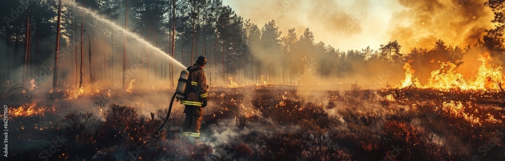 Naklejka premium Firefighter Battling Wildfire in Dense Forest During Daytime