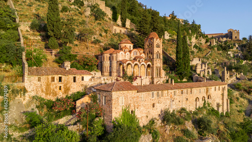 Ruins of old town in Mystras, Greece - archaeology background photo