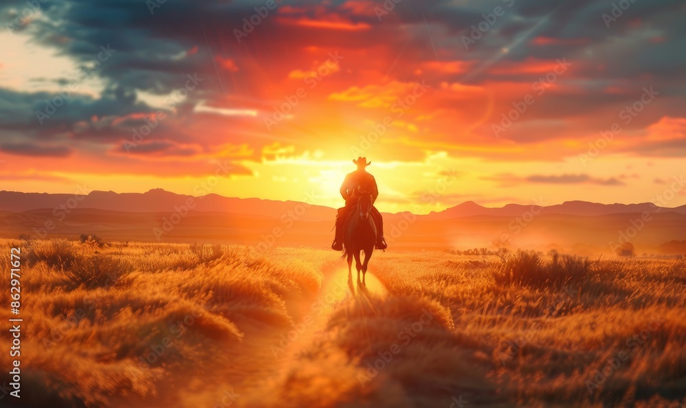 Fototapeta premium A cowboy is riding off into sunset