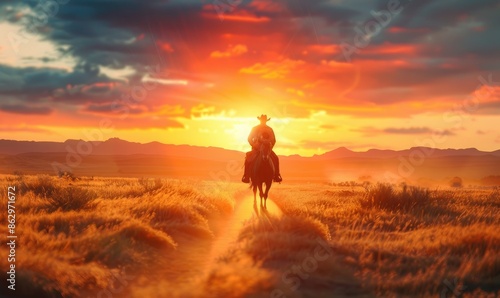 A cowboy is riding off into sunset