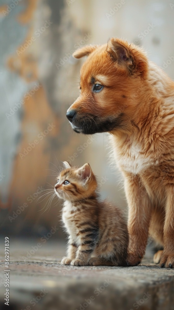 side view of cute puppy and kitten together calm and looking away. Dog protects the cat side view of cute puppy and kitten together calm and looking away. Dog protects the cat