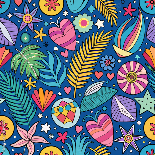 Cheerful seamless summer pattern with beach elements like umbrellas, sun, pineapples, and cocktails on a bright blue background. Ideal for summer-themed designs