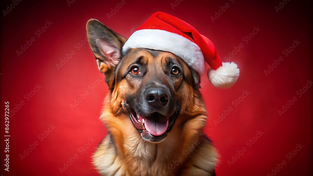 Adorable german shepherd dog wears festive santa hat, posed on vibrant red background with ample copy space, exuding excitement for christmas celebrations.
