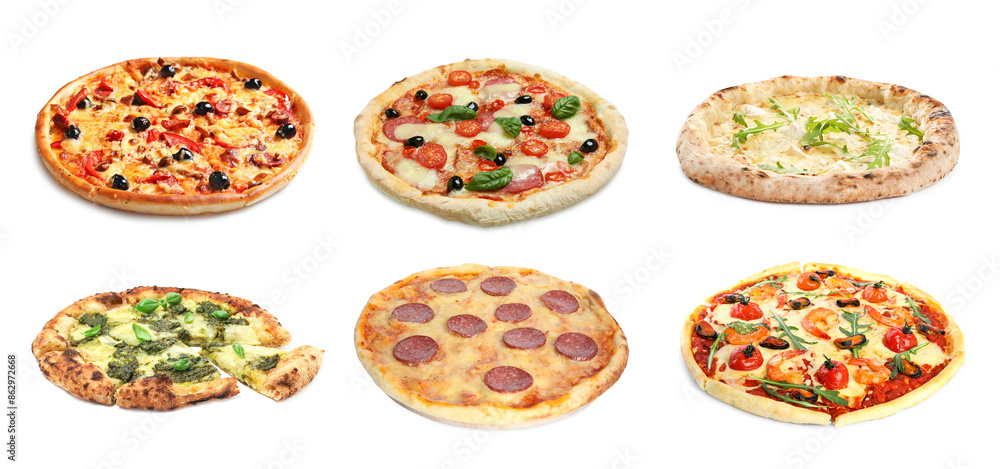Different tasty pizzas isolated on white, collection Different tasty pizzas isolated on white, collection