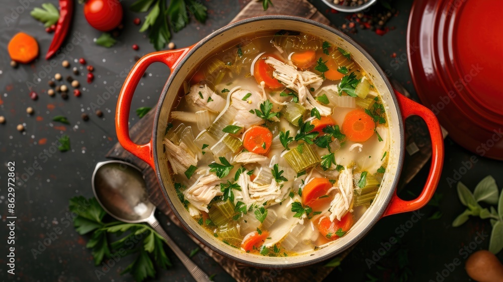 Comforting Chicken Soup with Vegetables in Red Pot Top View Comforting Chicken Soup with Vegetables in Red Pot Top View