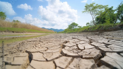 A barren, dry riverbed with cracked soil, Global warming