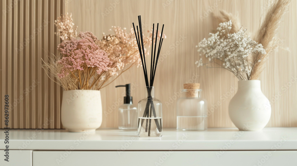 Glass vases with aroma sticks and dried flowers. Glass vases with aroma sticks and dried flowers.