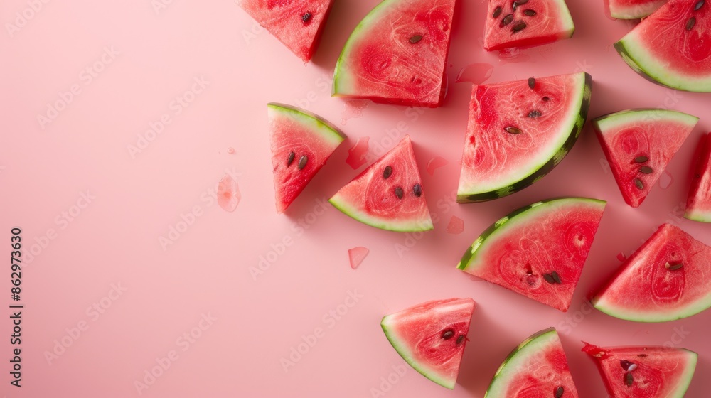 Summer snack. Cut watermelon for break with fruit on pink background top view mockup Summer snack. Cut watermelon for break with fruit on pink background top view mockup