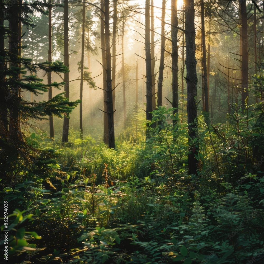 Obraz premium A forest with trees and sunlight shining through the leaves