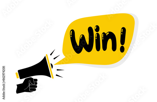 win text on Symbolic speech bubbles and megaphone, business concept