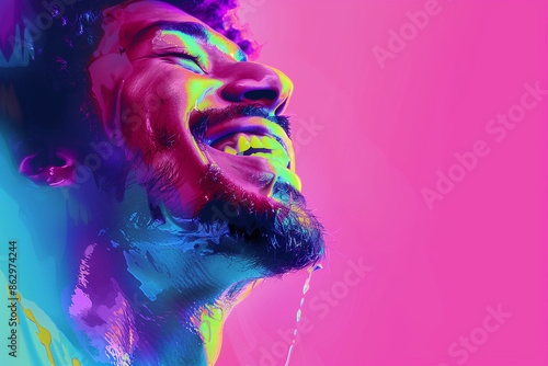 man laughing , in the style of photo-realistic compositions, neon pop, close up, warmcore, emotive faces, photo-realistic hyperbole, in the style of magenta, contemporary candy-coated, high gloss, vib