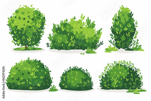 Set of vector bush illustrations on a white background. Green flat bushes on white background. Green grass vector set. Shrub bush shrubbery tree simple abstract. Eco element, foliage, stylized ecology