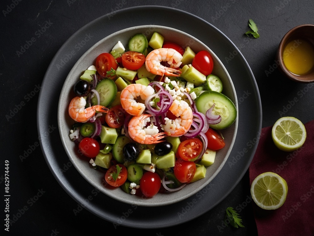 Yummy Greek Salad with Shrimp and Kamut, cinematic food photography Yummy Greek Salad with Shrimp and Kamut, cinematic food photography
