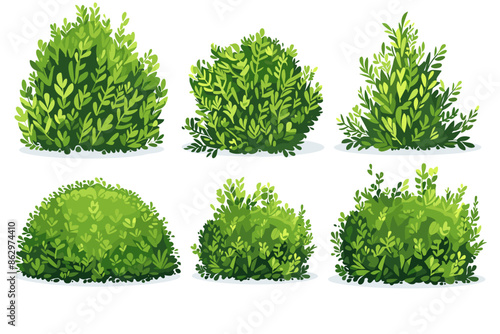 Set of vector bush illustrations on a white background. Green flat bushes on white background. Green grass vector set. Shrub bush shrubbery tree simple abstract. Eco element, foliage, stylized ecology