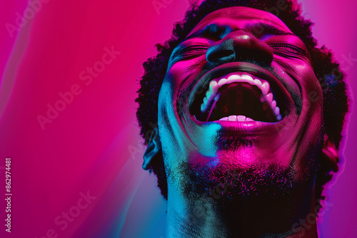man laughing , in the style of photo-realistic compositions, neon pop, close up, warmcore, emotive faces, photo-realistic hyperbole, in the style of magenta, contemporary candy-coated, high gloss, vib