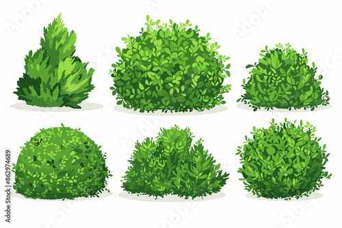 Set of vector bush illustrations on a white background. Green flat bushes on white background. Green grass vector set. Shrub bush shrubbery tree simple abstract. Eco element, foliage, stylized ecology
