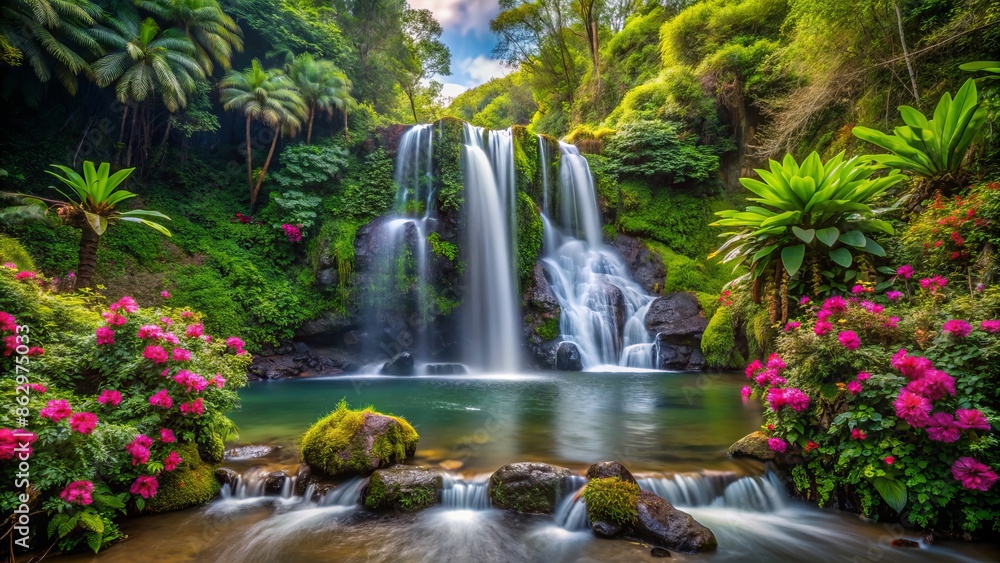 Majestic secluded waterfall cascades down moss-covered rocks, surrounded by lush greenery and vibrant tropical flowers in a serene, tranquil, and untouched natural setting. Majestic secluded waterfall cascades down moss-covered rocks, surrounded by lush greenery and vibrant tropical flowers in a serene, tranquil, and untouched natural setting.