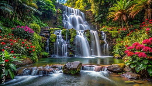 Majestic secluded waterfall cascades down moss-covered rocks, surrounded by lush greenery and vibrant tropical flowers in a serene, tranquil, and untouched natural setting.