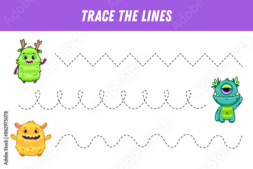 Tracing lines for kids. Cute cartoon monsters. Handwriting practice. Educational game for preschool kids. Activity page. Vector
