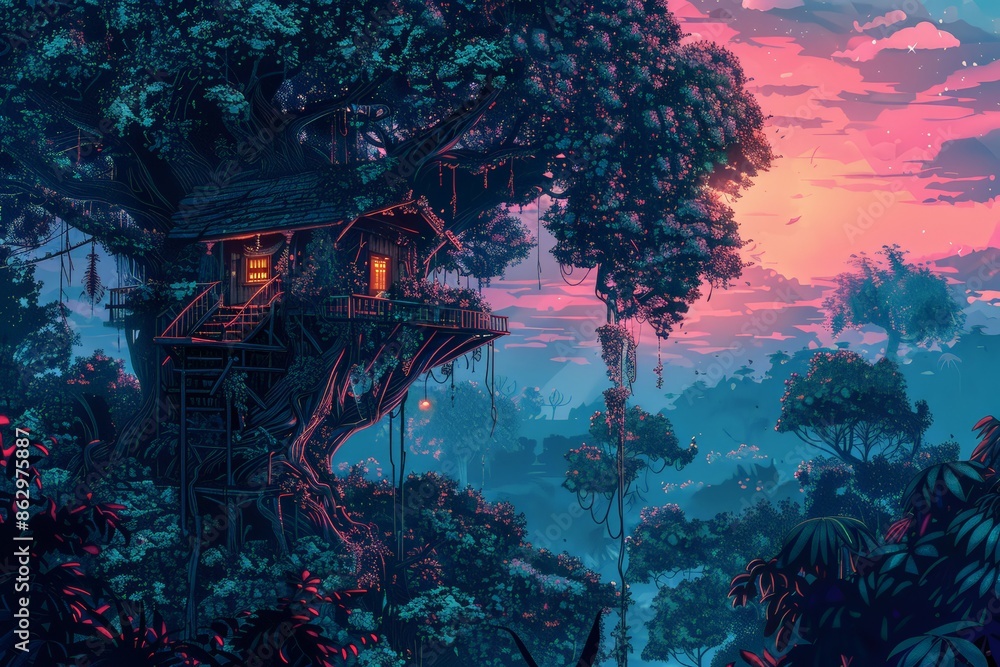 Obraz premium Treehouse in Enchanting Jungle at Sunset with Lofi Vibes