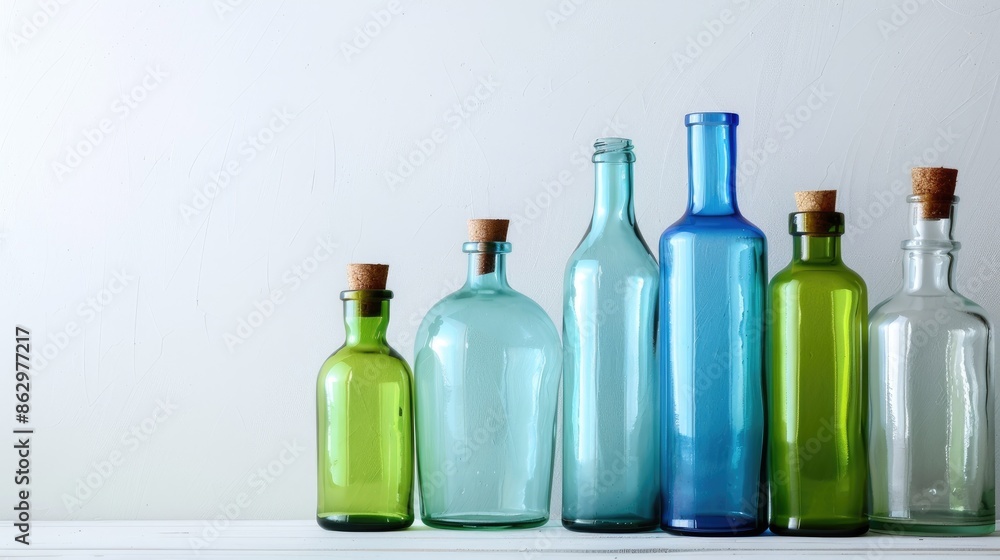 White background with green and blue bottles White background with green and blue bottles