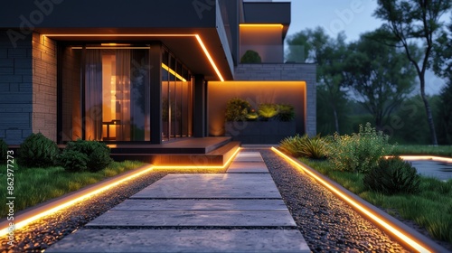 Close-up of a modern houseâ€™s illuminated pathway leading to the entrance