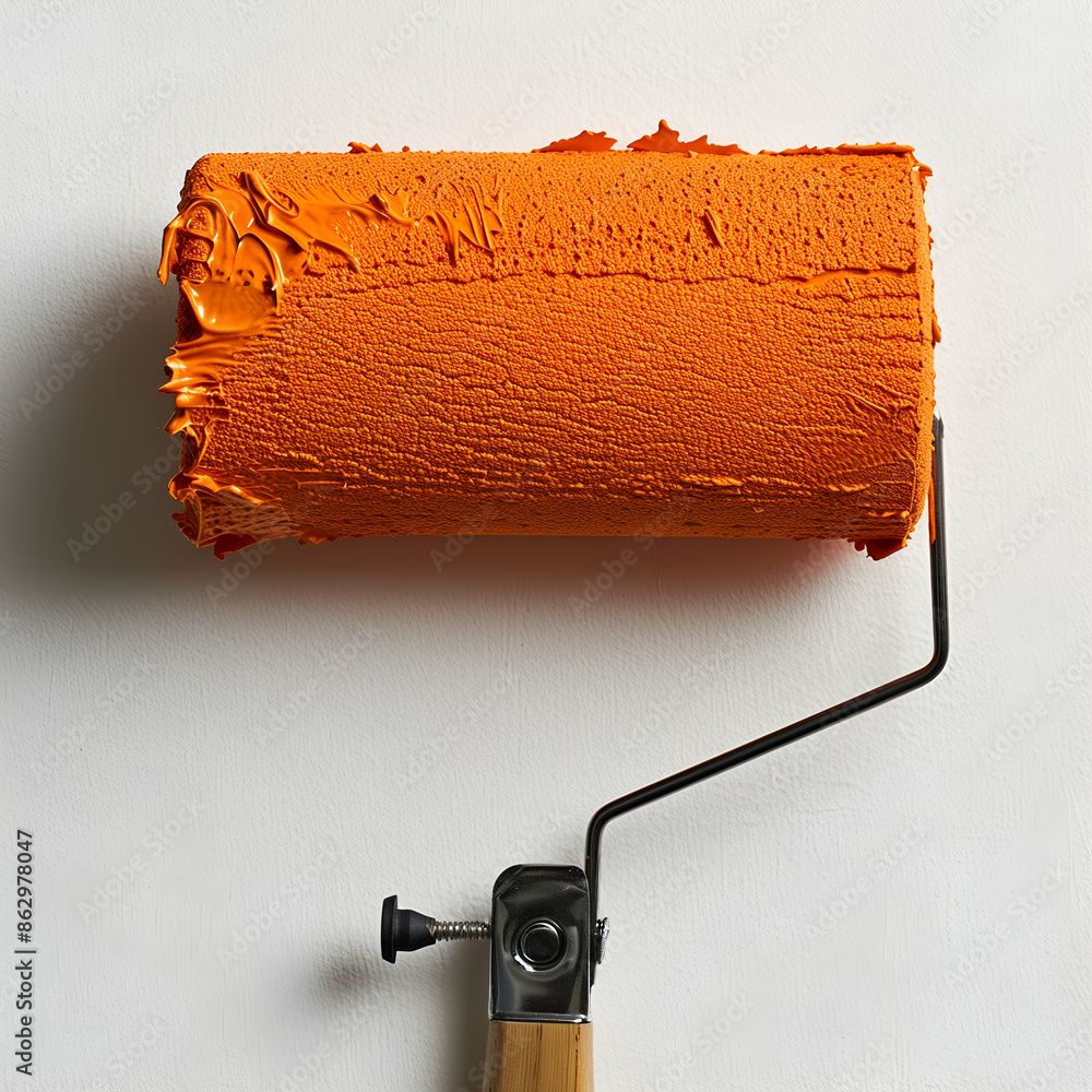 Obraz premium Close-Up of a Paint Roller Coated with Bright Orange Paint