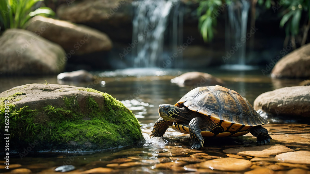 Fototapeta premium Turtle rests on rock near cascading waterfall in serene pond surrounded by green foliage. Wildlife scene