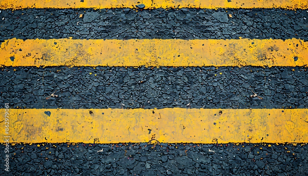 Fototapeta premium yellow and black zebra line on the asphalt road. abstract background