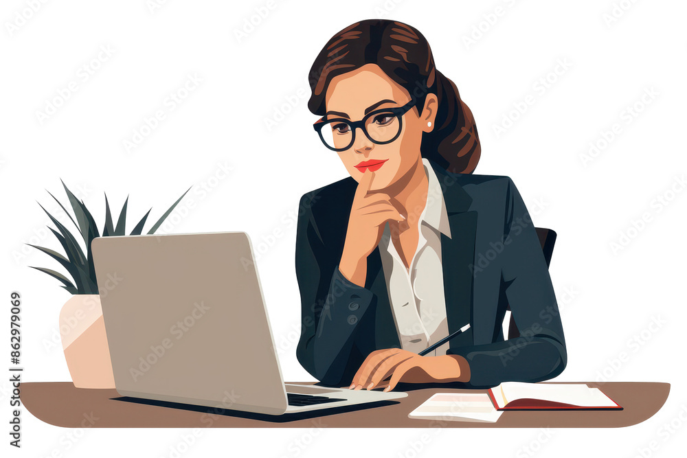Businesswoman talking on a phone while looking at her laptop clipart, on white background Businesswoman talking on a phone while looking at her laptop clipart, on white background
