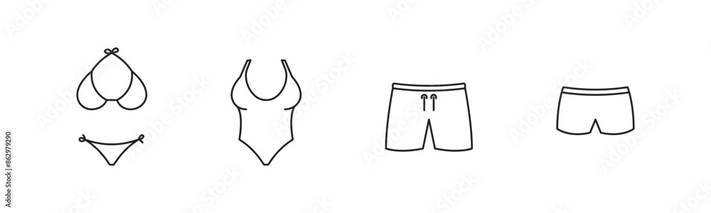 Swimsuit woman and man vector icon set. Bikini and shorts swip suit icons. Swimsuit woman and man vector icon set. Bikini and shorts swip suit icons.