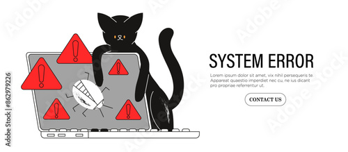 Cat finding, searching, looking for bugs, errors in program, system breakdown vector illustration. Tester or system administrator in quality assurance or security department. Software testing concept.