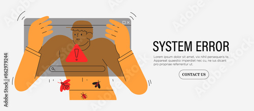 Man fix computer, delete malware, search virus, bug or system error. System administrator fix program code. Programmer install antivirus or corporate system protection or security on office computer.