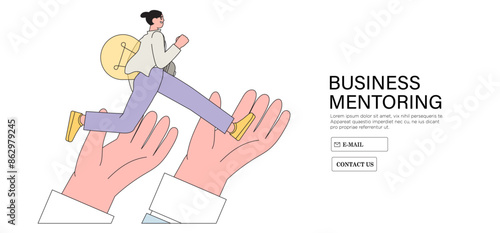 Business support mentorship employee assistance to success, helping hand or encouragement for teammate in achieving goal, businessman jump up giant hands growth ladder to progress vector illustration.