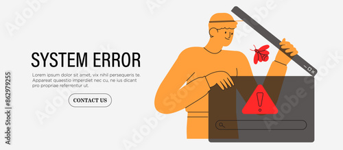 Man fix computer, delete malware, search virus, bug or system error. System administrator fix program code. Programmer install antivirus or corporate system protection or security on office computer.