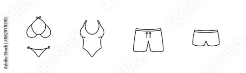 Swimsuit woman and man vector icon set. Bikini and shorts swip suit icons.