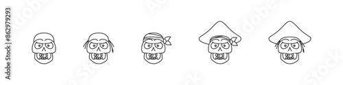Pirate skull vector doodle icon set. Pirates dead head collection.