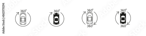 Car panoramic view camera icons. Automobile full view cam icon set.