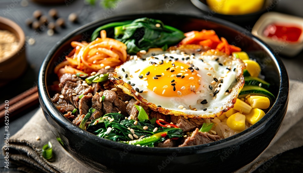 Traditional Korean dish bibimbap with fried egg, beef, vegetables. Traditional Korean dish bibimbap with fried egg, beef, vegetables.