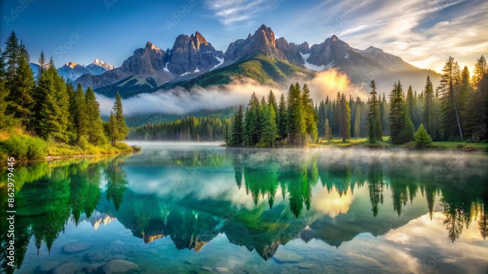 Serene mountain range with lush green forests reflected in calm turquoise river waters surrounded by misty morning fog and majestic mountain peaks. Serene mountain range with lush green forests reflected in calm turquoise river waters surrounded by misty morning fog and majestic mountain peaks.
