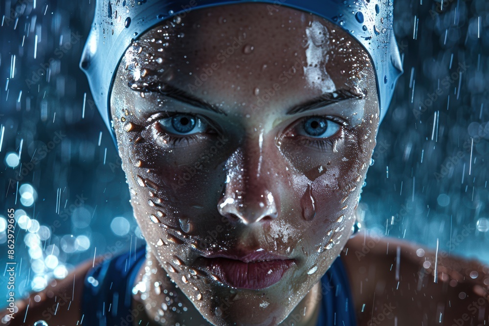 Portrait of an elite swimmer, studio-lit with water droplets accentuating their sharp facial features. Portrait of an elite swimmer, studio-lit with water droplets accentuating their sharp facial features.