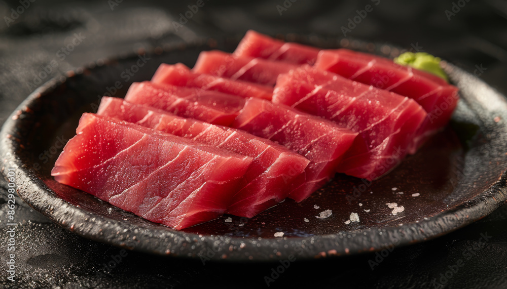 Close-up of Fresh Sashimi Tuna on a Black Plate Close-up of Fresh Sashimi Tuna on a Black Plate