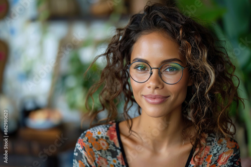 Cheerful Young Woman with Tortoiseshell Glasses in Bright Interior