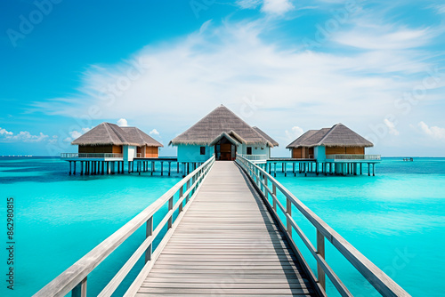 Tropical resort with water villas. Beautiful island beach, palm trees, sunny sky. Amazing Maldives
