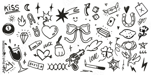 Doodle grunge set or collection. Vector hand drawn graffiti groovy prints, punk rock and love elements. Marker or charcoal scribble sticker, crayon wax paint collage. Street style doodle kit.