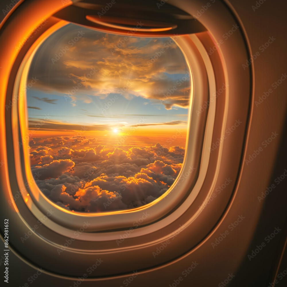 Airplane window view at sunset. Airplane window view at sunset.