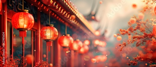 Cute 3D Blender of a beautifully decorated temple with Obon lanterns in Japan, bright background with space for text, minimal, bright style