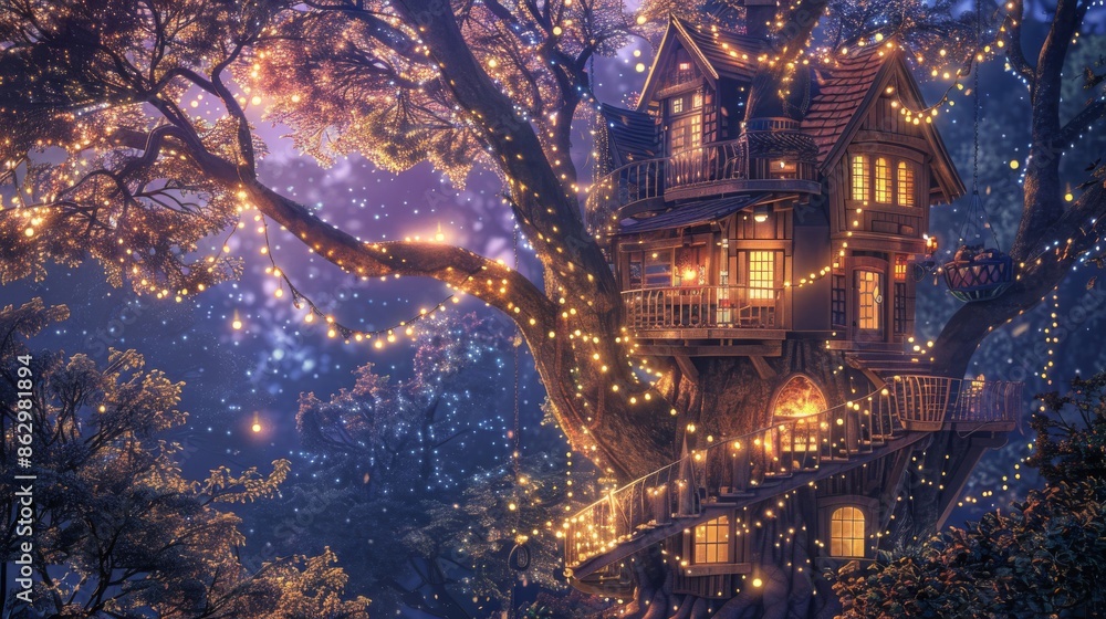 Illustration of A magical treehouse with twinkling lights, spiral staircases, and whimsical decorations Illustration of A magical treehouse with twinkling lights, spiral staircases, and whimsical decorations